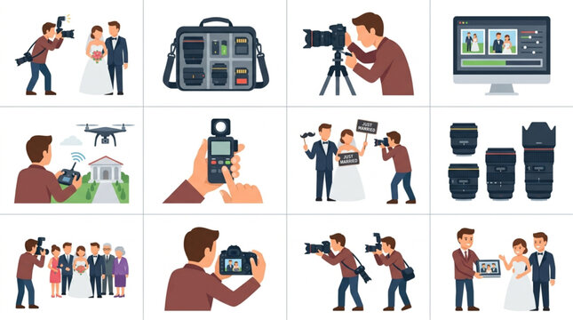Collection of photography and videography equipment and professionals.