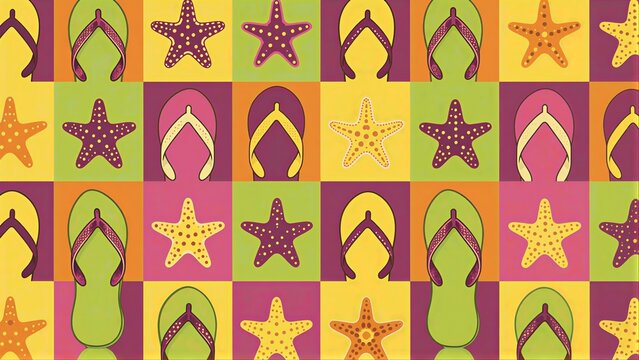 Colorful flip-flops and starfish pattern in a vibrant, repeating tile design.