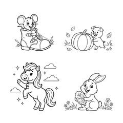 Fototapeta premium Set of cute animal illustrations for a children coloring page featuring a mouse horse and a bunny rabbit