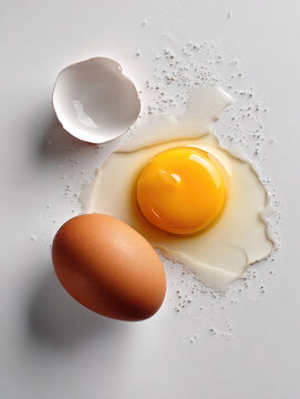 Broken egg raw egg yolk egg white brown eggshell scattered salt clean white background fresh food ingredient