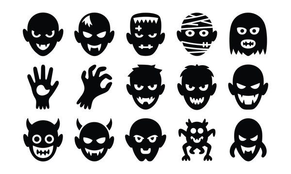 Spooky monster faces and creatures for Halloween celebration.