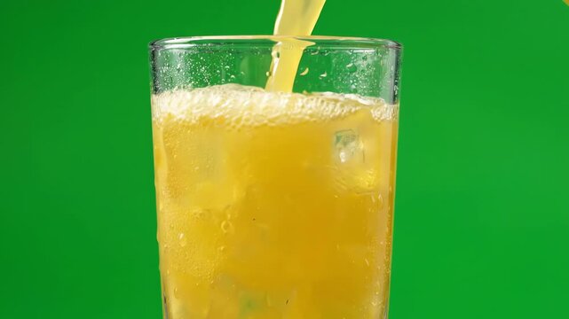 Fresh pineapple juice pouring into a transparent glass with ice cubes against a bright chroma key green screen background