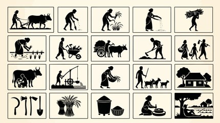 Fototapeta premium Vector silhouette icon set featuring rural farmers, coffee bean harvesting, tractor, and agricultural activities for infographic design.