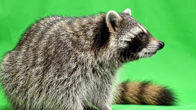 Furry raccoon looking around and turning head against a bright green screen background for easy keying and compositing