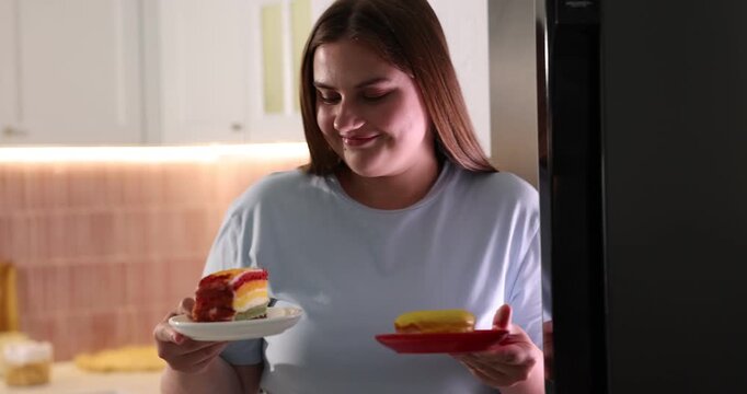 Overweight woman taking donut and cake from refrigerator in kitchen. Camera moving backwards
