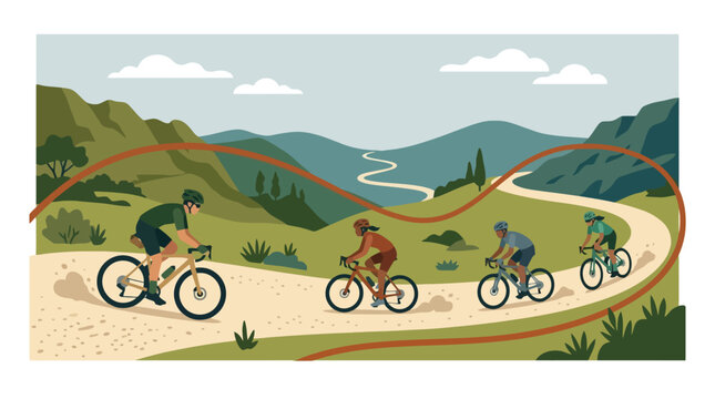 Group of cyclists riding bicycles on a scenic winding mountain road. EPS Editable. Vector Illustrations.