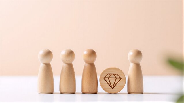 Four wooden peg people stand beside a diamond-shaped token on a bright surface.