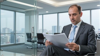 Fototapeta premium Man in suit reads documents in modern office with city view through large windows.