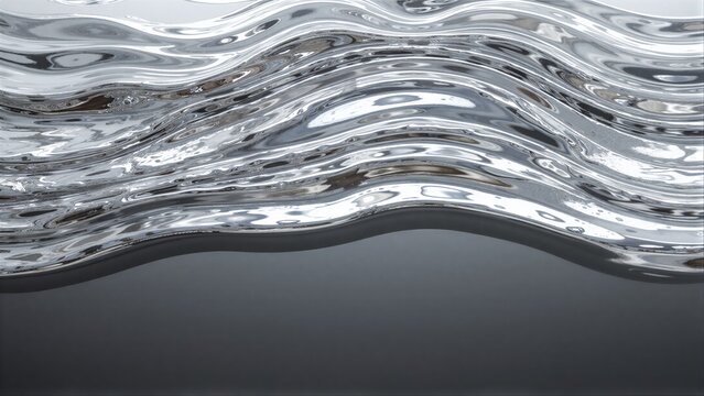 Wavy, reflective silver liquid flows gracefully against a dark gray background.