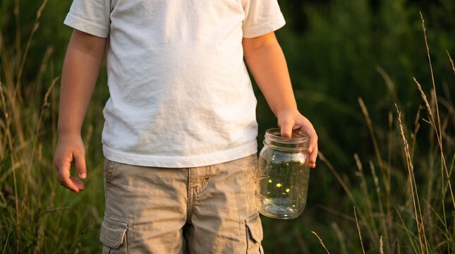 Child holding a glass jar with glowing fireflies in a summer field at sunset during childhood outdoor adventure