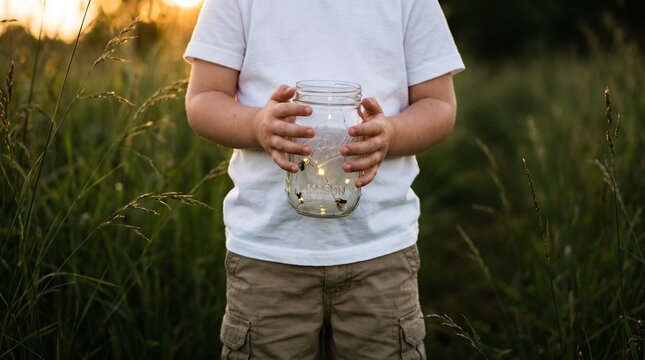Innocent child holding a glowing jar of fireflies at sunset in a field, capturing the magic of summer evenings and childhood wonder
