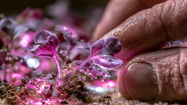 Fingertips Inspecting Seedlings Under Pink Grow Lights