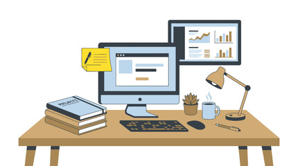 Fototapeta premium Modern office desk with computer monitors and business charts. EPS Editable. Vector Illustrations.