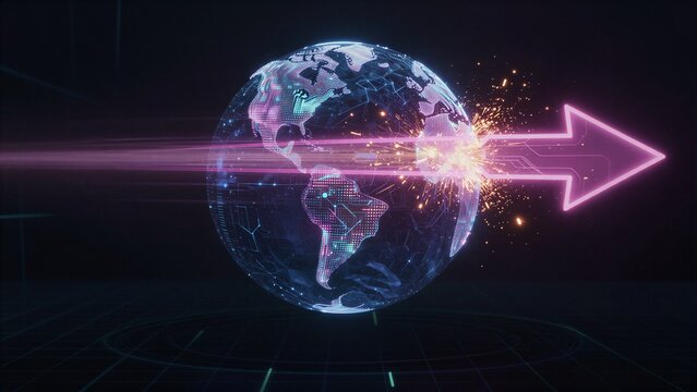Digital globe emits vibrant energy, propelling a glowing arrow forward through futuristic grid space.