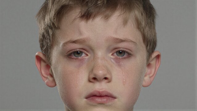 Young boy cries, tears streaming down his face, eyes filled with sadness.