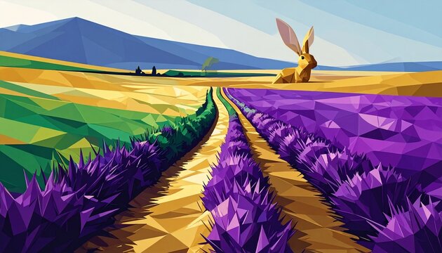 Rabbit tracks illustration in geometric mosaic style. Low poly landscape with lavender field.