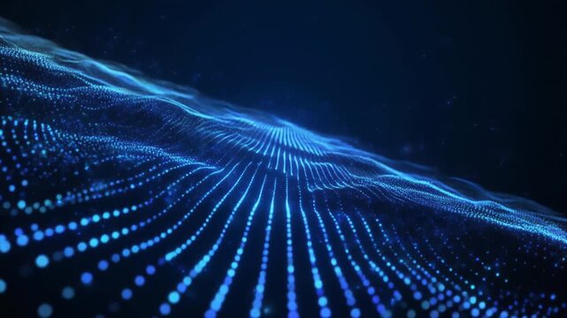 白背景に波状に流れる青いネットワーク回線とデータパーティクル