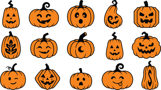 Set of various hand drawn orange pumpkins with scary and funny faces for halloween holiday decoration design elements