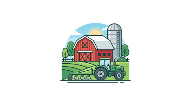 Farm tractor in front of barn.