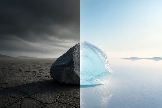Climate change concept with split landscape of drought and melting ice