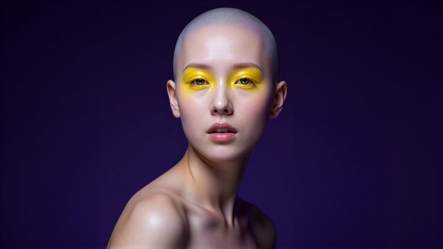 Bold yellow eye makeup contrasts with shaved head against deep purple backdrop.