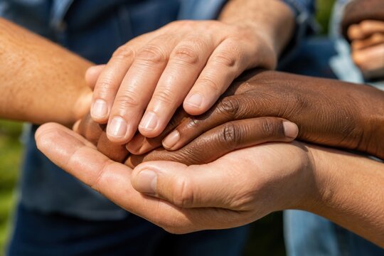 Diverse hands interlocked in supportive group huddle, outdoor unity symbolizing teamwork and community bonding, vibrant natural lighting, inclusive multicultural team