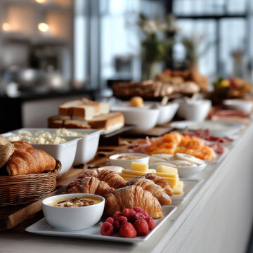 Elegant breakfast buffet with croissant, cheese, fruit, bread, yogurt, and cold cuts on long table in bright modern dining room