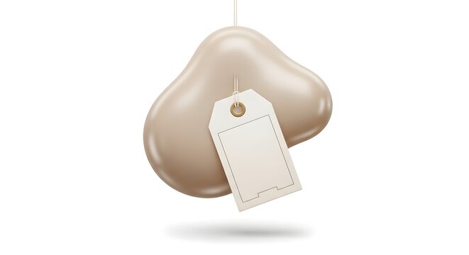 A beige amorphous blob with a blank white rectangular price tag or label featuring a golden eyelet and a simple string against a white background with a shadow.