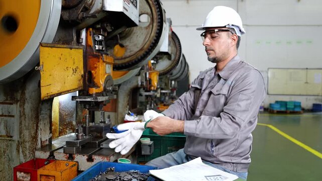 Dedicated professional using equipment in a manufacturing workshop while wearing protective gear and utilizing essential tools