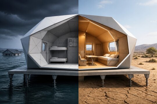 Futuristic modular house in water and desert split scene