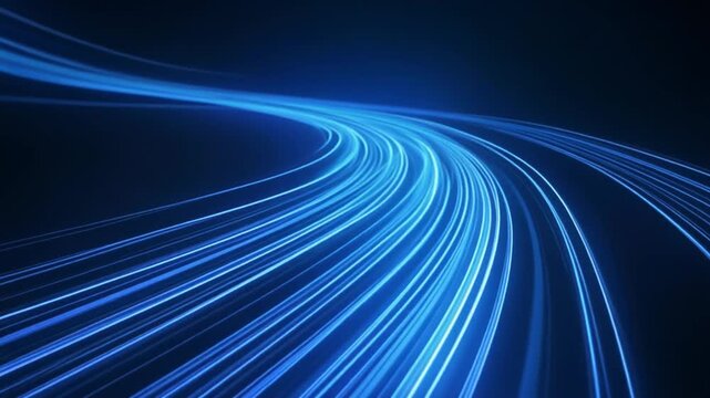 純白の背景に美しい曲線を描くダイナミックな青いエネルギー線の抽象背景