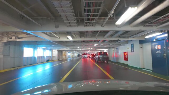 Victoria, British Columbia, Canada &ndash; July 24, 2026: Slow motion video of vehicle driving onto BC Ferries car deck