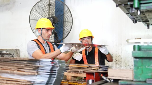 Two construction workers collaborating on a project in a workshop environment with safety gear and tools