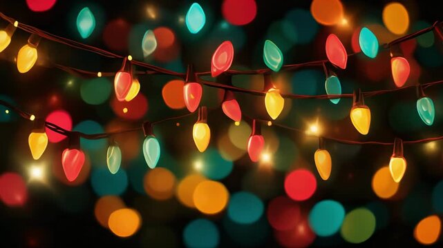 Magical holiday scene with vibrant twinkling lights and glowing fireflies against a dark festive background