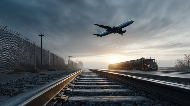 Airplane flies above train on railway track at sunrise, dramatic sky, transportation, travel, industrial landscape, morning light