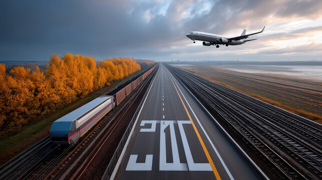 Airplane flies above train on parallel tracks autumn trees dramatic sky transportation travel landscape motion journey speed