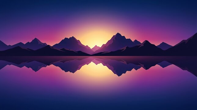 Vibrant Sunset Over Mountains and Reflecting Lake, Digital Art Landscape