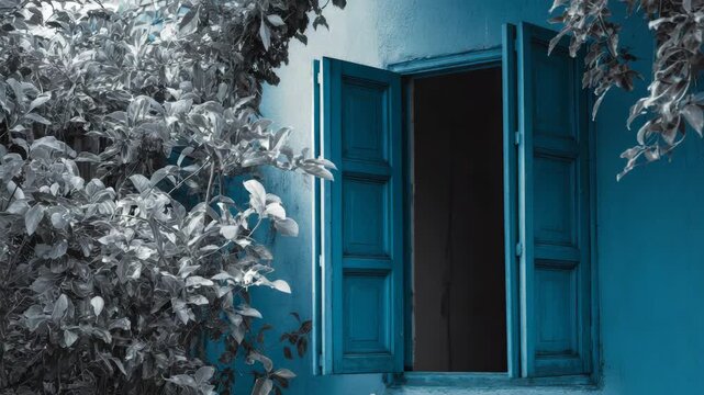 A serene blue window contrasts beautifully with the icy branches of a tree.