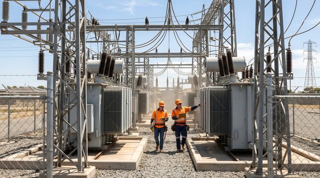 Electricians Inspecting High Voltage Substation Equipment.