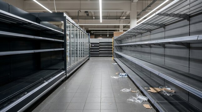 Empty supermarket aisle with empty shelves.
