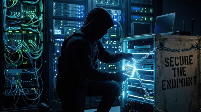 Anonymous hooded silhouette in black securing server equipment using a glowing digital padlock and heavy chains inside a dark data center with blue LED server rack lights.