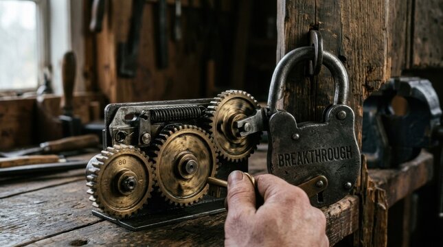 Close-up of a hand inserting a key into a complex gear mechanism to open a heavy iron padlock with the word BREAKTHROUGH engraved on it, set on a rustic wooden workbench.