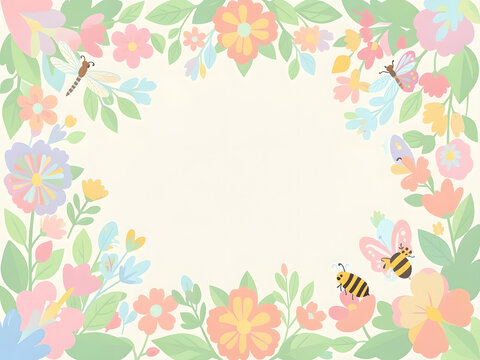 Colorful floral border with bees and butterflies on pastel background