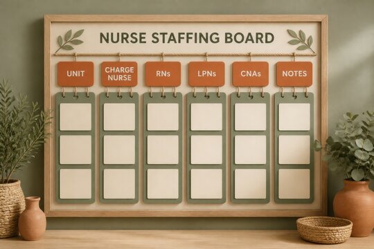 Nurse staffing board with empty shift slots for hospital team scheduling and roster planning