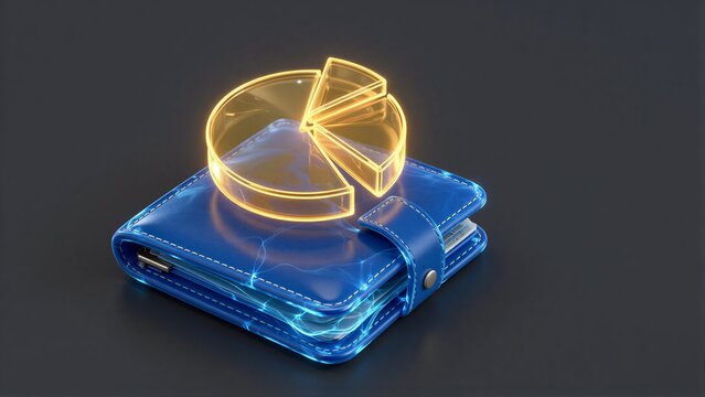 Blue wallet with glowing pie chart symbolizing financial data or budget analysis.