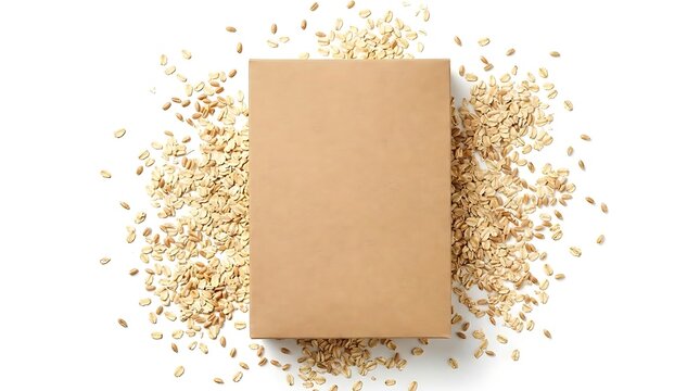 A blank cereal box mockup set against a scattering of raw organic oats creates a minimalist flame- blank cereal box theme for food branding designs.