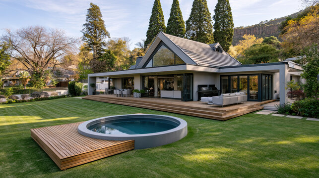 Modern house single story large window wooden deck round pool green lawn outdoor seating contemporary sunny day
