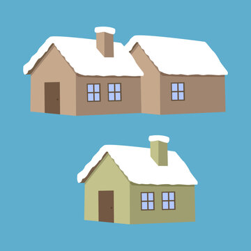 Vector illustration set of two snow covered cottages with chimney and windows, flat cartoon design for winter and christmas village scenes