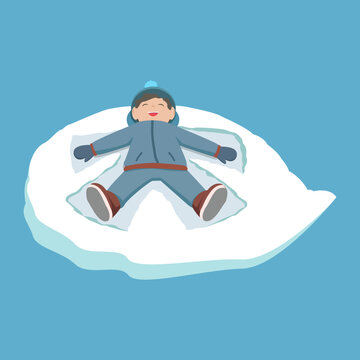 Vector illustration of a happy boy lying on an ice patch making a snow angel, wearing a winter jacket hat and gloves in flat cartoon design