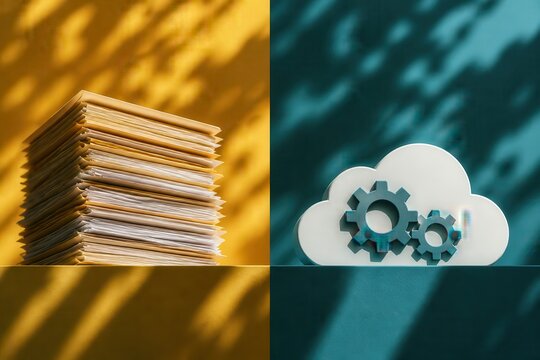 Cloud storage and document stack split composition with dramatic shadows